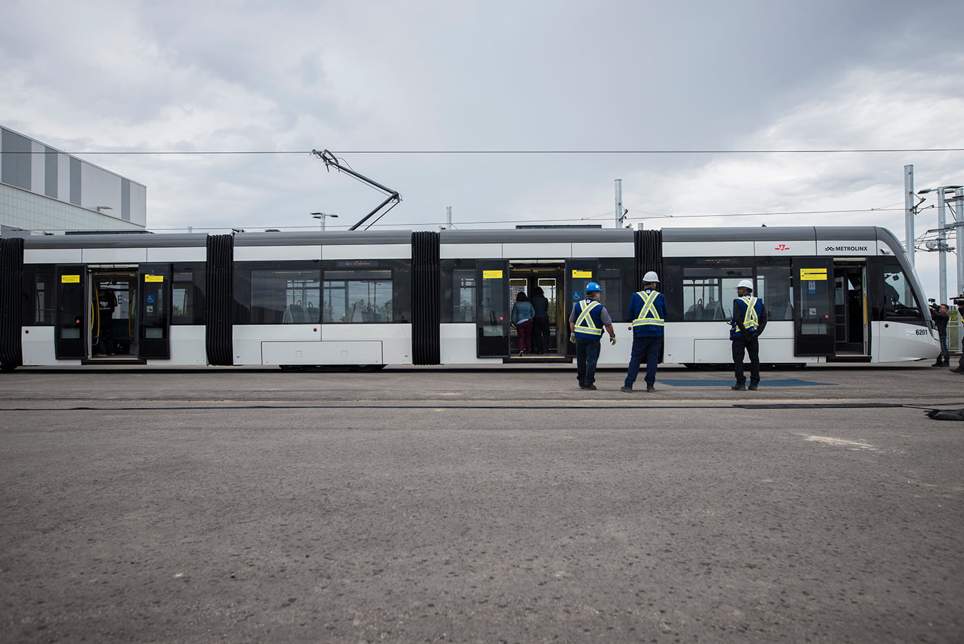 The exterior of a new light rail vehicle for the Eglinton Crosstown LRT is photographed following a low-speed vehicle testing at the Eglinton Maintenance and Storage Facility in Toronto on Wednesday, May 22, 2019